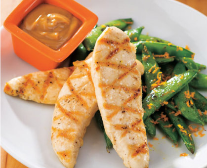 Grilled Chicken Tenders with Nutty Dipping Sauce & Crispy Sautéed Snap Peas