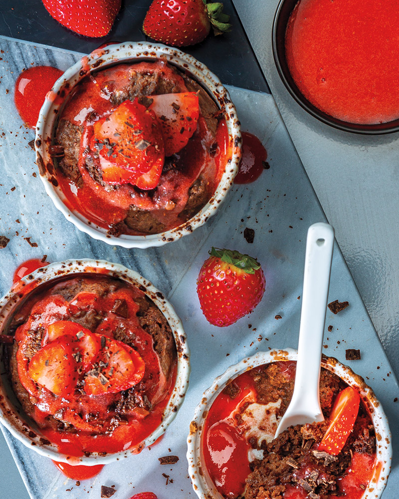 Instant Pot® Chocolate Soufflé Cakes with Strawberry Sauce