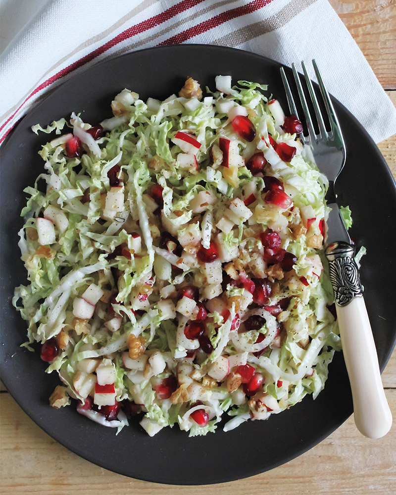 Napa Cabbage, Pomegranate & Apple Slaw with Walnut-Mustard Dressing