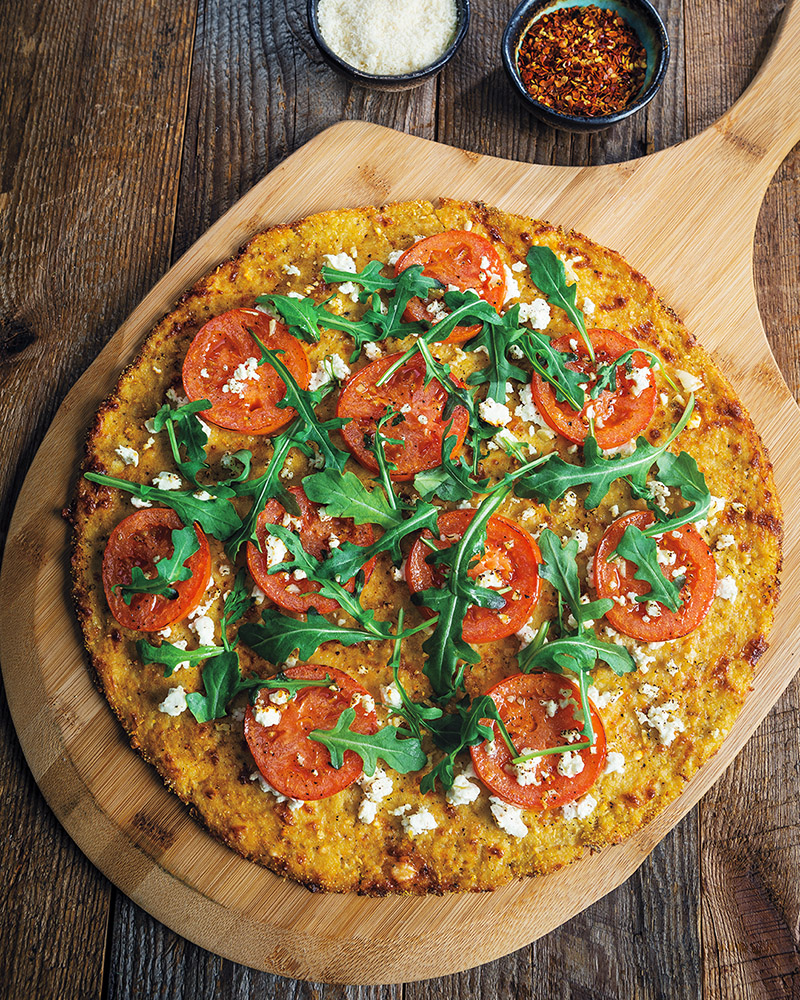 Tomato, Arugula and Feta Cauliflower Pizza